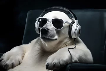 Kussenhoes Portrait of polar bear wearing headphones and glasses sitting on armchair. Generative AI © Nomad_Soul