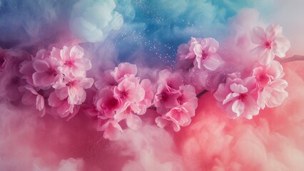 A captivating image of pink cherry blossoms amid a colorful, dreamy haze, perfect for spring-themed designs and decorations.
