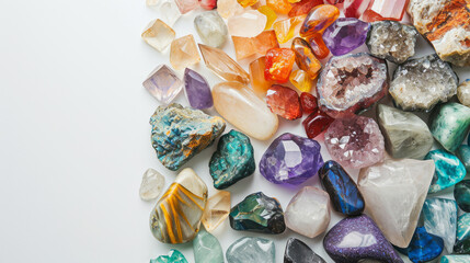 Gemstones, various colorful rough and polished crystals, on white background with copy space for minerals and semi precious stones shops