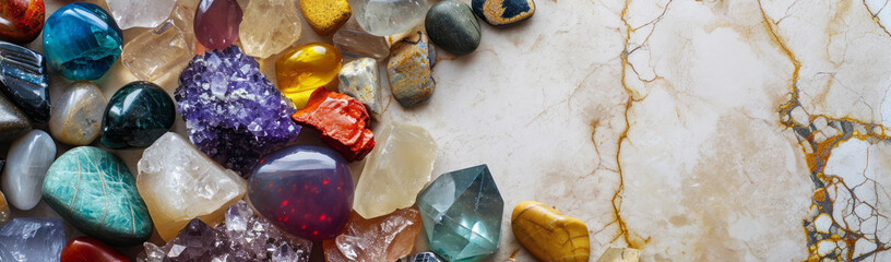 Vibrant collection of rough gemstones and crystals, like amethyst, aquamarine and citrine, elegant banner for minerals store advertising - obrazy, fototapety, plakaty