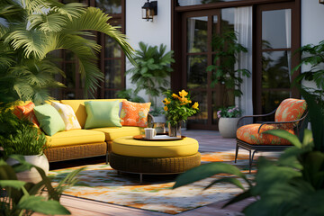 Fototapeta premium Outdoor patio with vibrant furniture lush greenery