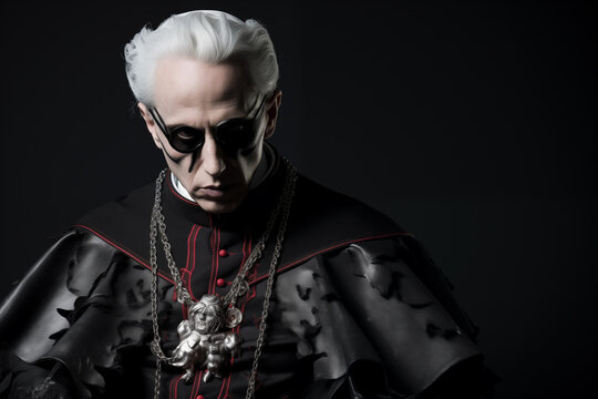 Dark priest man in black member of cult. Generative AI