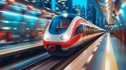 A red and white high-speed train is passing through a modern city train station. - obrazy, fototapety, plakaty