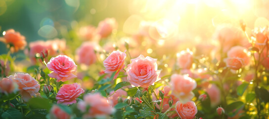 Pink roses bloom in the romantic garden and bokeh sunny day background with copy space for your text.Happy Rose Day Concept.

