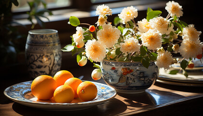 Fresh fruit on wooden table, nature healthy summer refreshment generated by AI