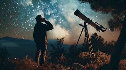 Astronomer Observing the Starry Night Sky with a Telescope Amidst Nature - obrazy, fototapety, plakaty