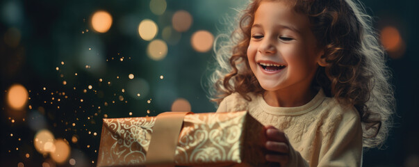 Happy and surprised girl while opening christmas present with amazing background. Christmas time...