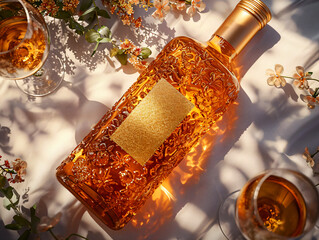 top view of bottle of whiskey with gold label mockup on table with flowers and shadows