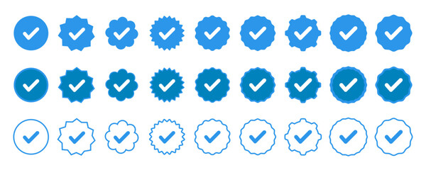 Blue social network icons account verification icon verified icon profile set vector checkmarks on white background eps10 - obrazy, fototapety, plakaty
