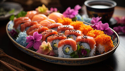 Freshness and cultures on a plate seafood, sushi, and sashimi generated by AI