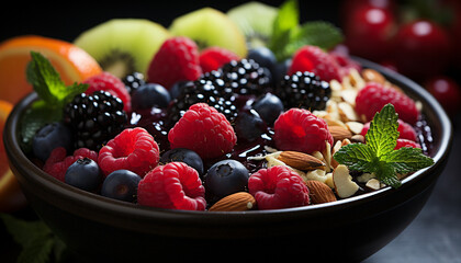 Freshness in a bowl gourmet dessert with berry fruit generated by AI
