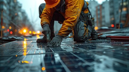 A photorealistic image of an engineer in silhouette, servicing solar cells on a factory roof at sunrise. The early morning light casting long shadows