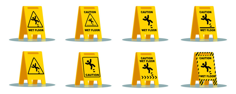 Caution wet floor sign collection isometric danger sign warning wet floor on white background eps10