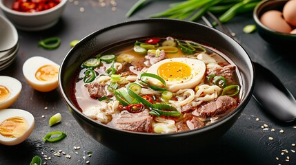 Savory broth with poultry and egg. High-resolution image.