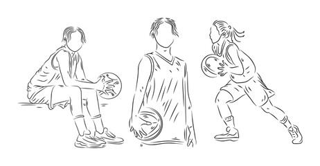 set of people playing basketball line art illustration