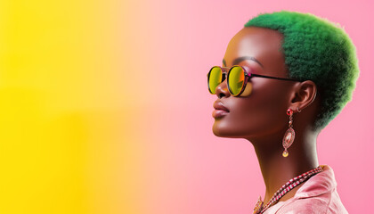 Beautiful modern african swag model, wearing jewelery, sunglasses with green hair