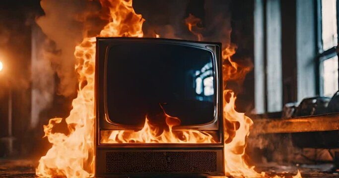 Old television with burning fire in the background	