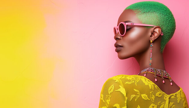 Beautiful modern african swag model, wearing jewelery, sunglasses with green hair
