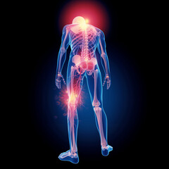 skeletal anatomy illustration highlighting joint pain in the knee and neck