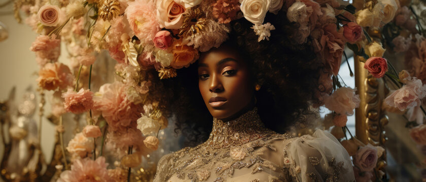 Portrait of a beautiful African or African American woman among flowers in retro style