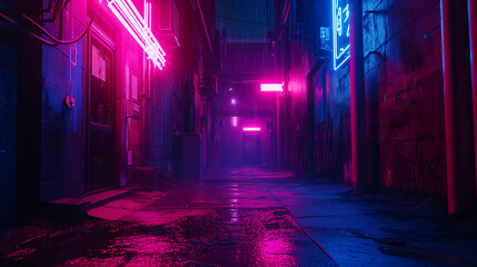 Cinematic shot of a desolate dark alley with neon lights casting vibrant glows
