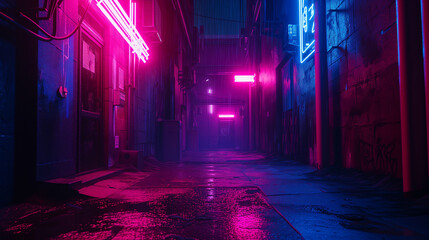 Obraz premium Cinematic shot of a desolate dark alley with neon lights casting vibrant glows