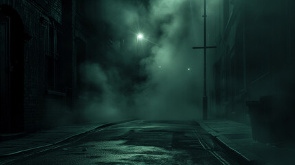 Eerie dark street engulfed in smoke, illuminated by distant spotlights