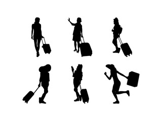 Set of Female Traveler With Travel Bag Silhouette in various poses isolated on white background