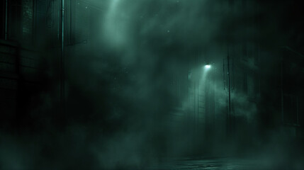Eerie dark street engulfed in smoke, illuminated by distant spotlights,
