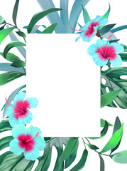 Fototapeta na wymiar Frame of tropical flowers and plants. exotic, jungle. Hibiscus, palm, flower of paradise. For registration card