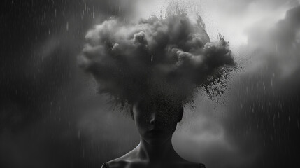 Emotional photography portraying a heavy rain cloud hovering over a person's head
