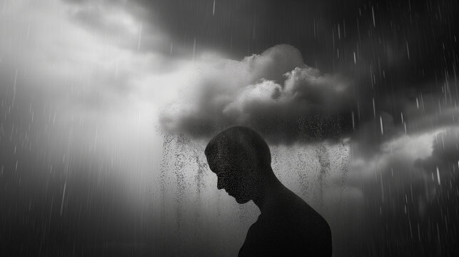 Emotional illustration portraying a heavy rain cloud hovering over a person's head