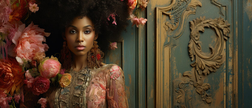 Portrait of a beautiful African or African American woman among flowers in retro style