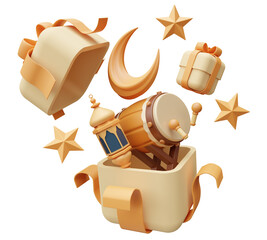 3d ramadan icon with open gift box, mosque drum lantern, moon and stars.