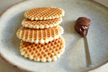 Round waffle cookies and chocolate cream on a plate with a white background