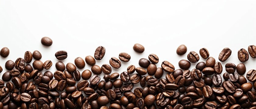 Coffee beans border isolated on white background banner panorama, top view, flat lay