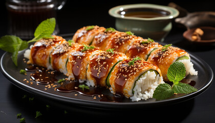 Grilled seafood and meat, fresh salad, cooked rice, savory sauce generated by AI
