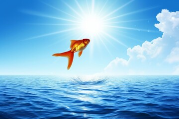 A goldfish is jumping out of the water towards the sun