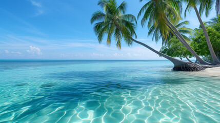 Tropical paradise zoom background with palm trees and crystal-clear water, bringing a vacation vibe to virtual meetings