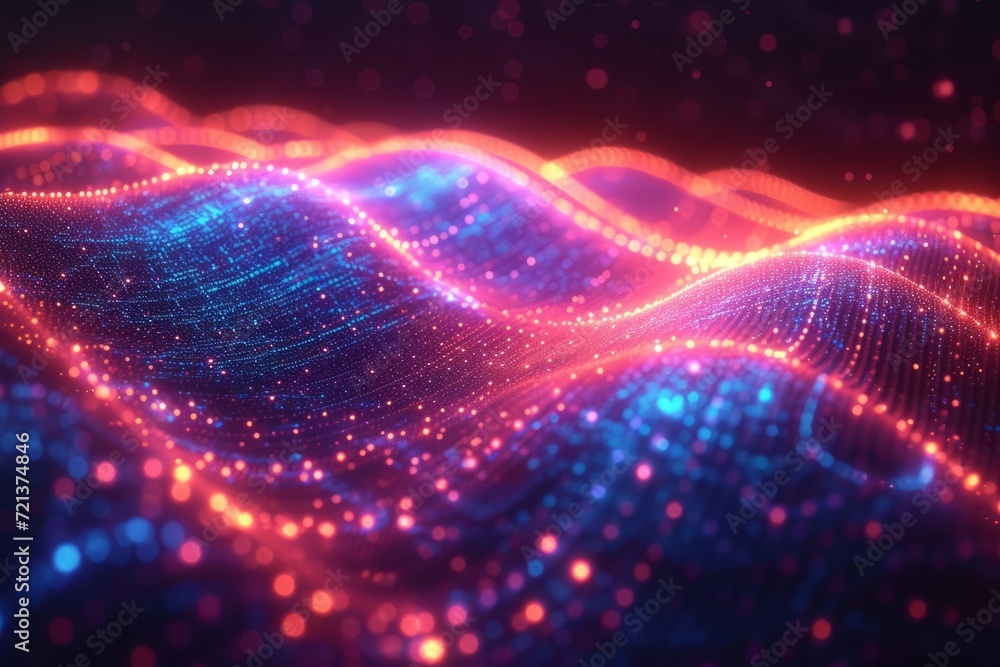 Poster colorful 3d rendering of a futuristic landscape with glowing waves and particles.