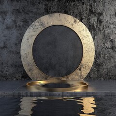 3d render, abstract modern minimal background with black and gold cobblestones, reflection in the water on the wet floor. Blank showcase with golden round frame, Made with generative ai