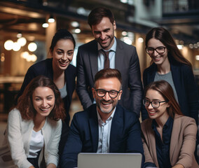 Fototapeta premium A group of successful and smiling business professionals gathers around a table where laptops lay, symbolizing shared achievements. Generative AI.