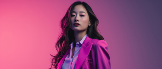 Serene elegance meets vibrant hues; a poised woman in a chic fuchsia blazer radiates confidence against a gradient pink backdrop