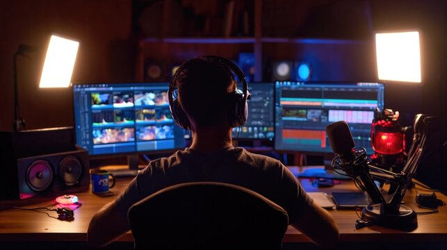 Gamer, youtuber, video editor in front of his editing monitors. Gamer, youtubeur, monteur vid&eacute;o devant ses moniteurs de montage.