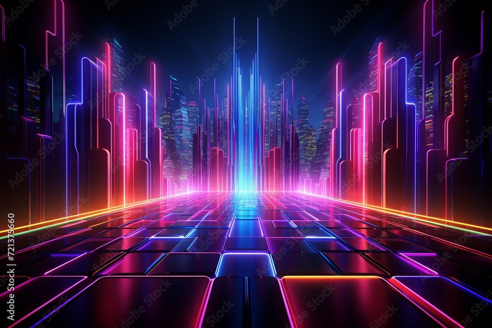 Poster experience the allure of this striking 3d rendering, presenting an abstract neon background designed