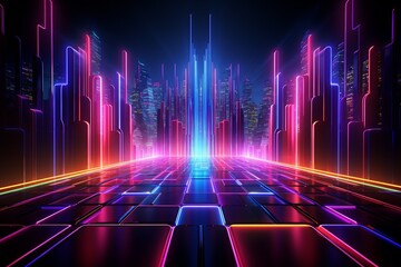 Experience the allure of this striking 3D rendering, presenting an abstract neon background designed specifically as a modern wallpaper - obrazy, fototapety, plakaty