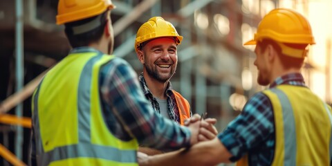 Smiling male construction worker and engineer coming together for a handshake, at construction site.