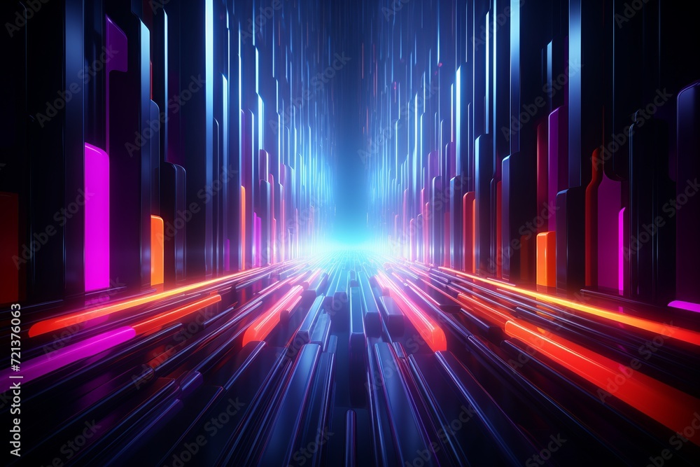 Poster experience the allure of this striking 3d rendering, presenting an abstract neon background designed