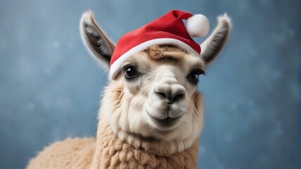 close up of a llama with a christmas hat