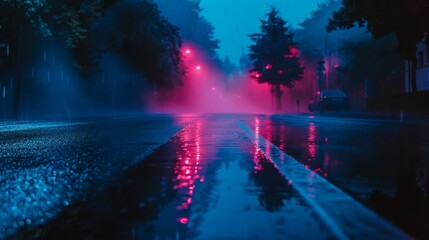 Dark cold wet street, asphalt, neon light. Reflection of neon in water. Empty night street scene, night city, smoke. abstract dark empty scene abstract night landscape neon blue light tree silhouettes